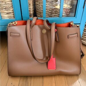 Tory Burch Tan Leather Walker Tote with Orange Accents